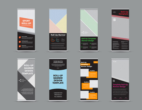 Vector roll up banner template with colored geometric elements on black background, design presentation with place for photo.