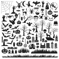 Set of Halloween silhouettes icon and characters. Black icons on a white background. Vector illustration