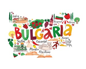 Bulgaria decorative color hand drawn map with attractions, symbols and landmarks. Banner for tourist guide, souvenirs. Country travel, trip comic infographic poster. Flat cartoon vector illustration.