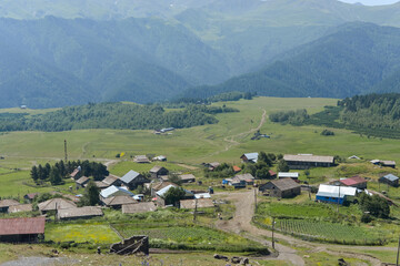 Scenic landscape view of Omalo mountain village in Caucasus region