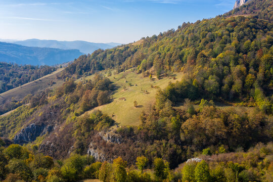 Amazing aerial autumn view of a mountain meadows and forests, Balkan Mountains, Bulgaria