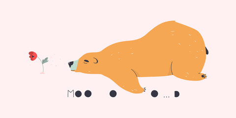 Mood. Cute sleeping and sad bear. Flat vector illustration.