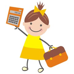 Girl and calculator, funny vector illustration