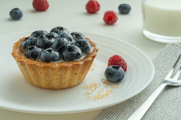 Blueberry tartlets served on a white plate with brown sugar. Glass of milk in the sun on a white background.