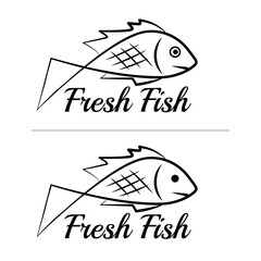 Fresh fish logo symbol icon sign simple black colored set 7. A set of two fish logos with a visible mouth line, black, sketch style, minimalist with a sample text.