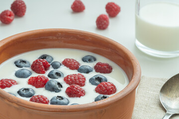 Yoghurt with blueberries and raspberries is served in an ethno brown clay plate. A glass of milk in the sun on a white background.