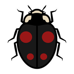 Ladybug logo symbol icon sign with four red spots. An illustration of a ladybug, isolated, mostly black, dark-grey and red colored, simple style, outlined.