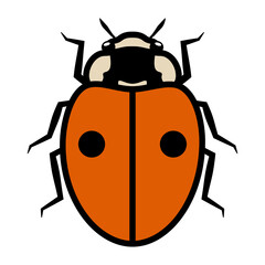 Ladybug logo symbol icon sign with two black spots. An illustration of a ladybug, isolated, mostly orange and black colored, simple style, outlined.