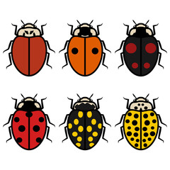 Ladybugs logos symbols icons signs set. A collection of an illustrations of ladybugs, isolated, in various colors (black, orange, yellow, red, brown, dark red) and different number of spots, outlined.