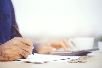 Close up business woman hand using calculator counting making Calculate the cost of checking...