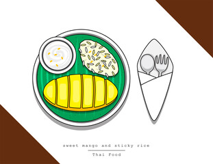 Illustration vector isolated doodle line style dish of Thai dessert top view on table at restaurant Thailand. Sweet mango and sticky rice on leaf served with spoon and fork