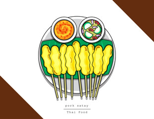 Illustration vector isolated doodle line style dish of Thai food top view on table at restaurant Thailand. Chicken or pork satay as barbecue grilled with peanut sauce