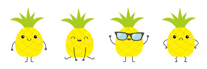 Pineapple fruit icon set. Hello summer. Cute cartoon kawaii smiling funny baby character. Happy, sad, angry, smiling emotions. Hands, legs. Sunglasses. Greeting Card. Flat design. White background.