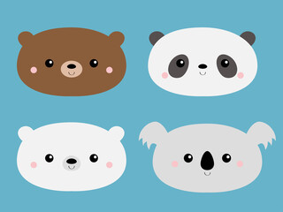 Cute bear set. Grizzly, panda, koala, polar cub. Funny head face. Kawaii cartoon character. Happy Valentines Day. Notebook cover, tshirt. Baby greeting card template. Blue background. Flat design.