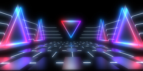 3D abstract background with neon lights. neon tunnel .space construction . 3d illustration