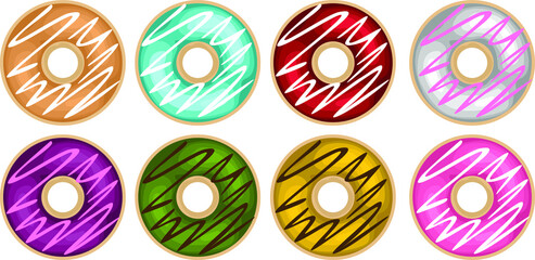 Simple Vector Design of Donut in Brown, Blue, Red, White, Purple, Green, Yellow, and Pink