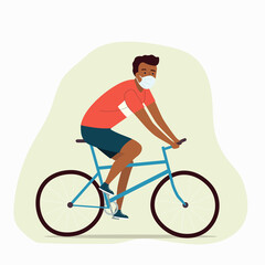Afro american young man in the face mask on  bicycle  side profile view isolated. Vector flat illustration.