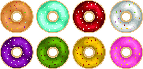 Simple Vector Design of Donut in Brown, Blue, Red, White, Purple, Green, Yellow, and Pink