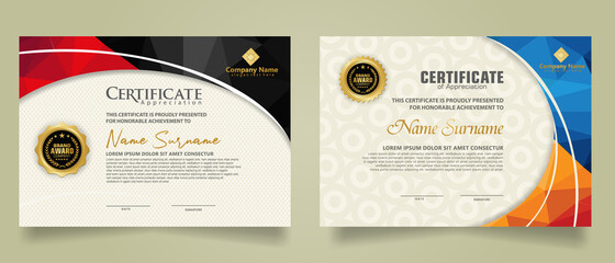 Set modern certificate template with triangle geometric polygon on circular lines ornate background