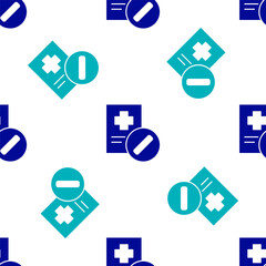 Blue Medical prescription icon isolated seamless pattern on white background. Rx form. Recipe medical. Pharmacy or medicine symbol. Vector Illustration.