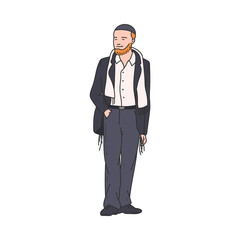 Young religious jewish man cartoon character sketch vector illustration isolated.