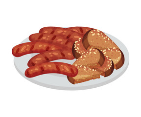 Festive Food for Oktoberfest Celebration with Grilled Sausages and Bread Slices Rested on Plate Vector Illustration