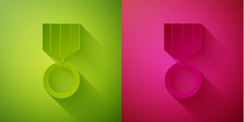 Paper cut Medal icon isolated on green and pink background. Winner achievement sign. Award medal. Paper art style. Vector Illustration.