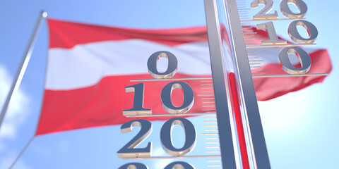 Thermometer shows 0 zero air temperature near waving flag of Austria. Weather forecast conceptual 3D rendering