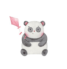 little cartoon panda with red kite kite children watercolor printable illustration