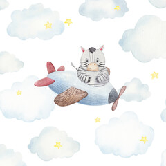 little cartoon zebra flies surrounded by clouds and stars, in the sky in an airplane, illustration for children's design watercolor © Ilona