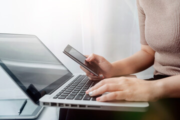 Searching Browsing Internet Data Information with blank search bar.businessman working with smart...