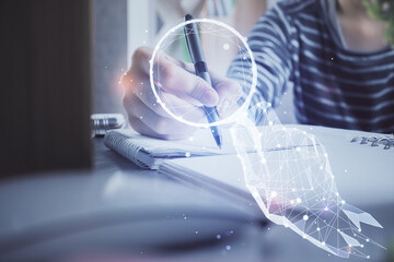 Start up creative drawing over close up hands on background. Concept of brainstorming. Multi exposure