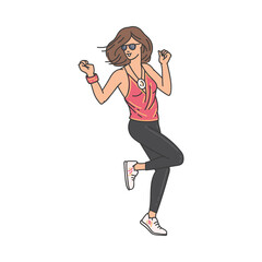 Young woman character dancing on dance floor, vector illustration isolated.