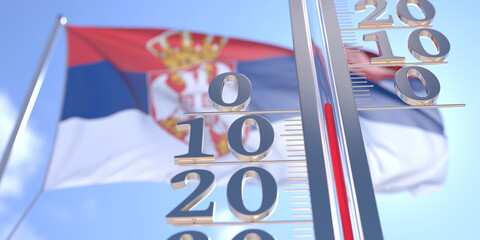 Thermometer shows 0 zero air temperature near waving flag of Serbia. Weather forecast conceptual 3D rendering