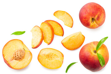 peach fruits with green leaf and slices isolated on white background. top view