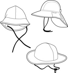 A vector line art illustration of three storm hats