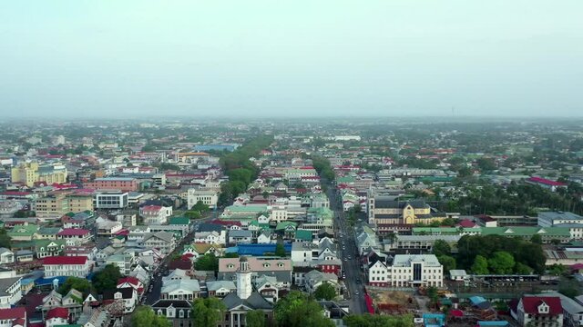 Paramaribo city streets in Suriname, aerial view