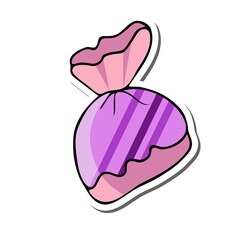 Sticker  with a pink sweet. Candy for children. Vector illustration in cartoon style.Isolated object on a white background. Design elements for invitations, birthday, banners, postcards.