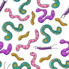 Vector seamless endless pattern for  the  Halloween holiday with worms. Decorative elements for a fun party. Cartoon style. Pattern for poster, greeting card, textiles, cafe decor.