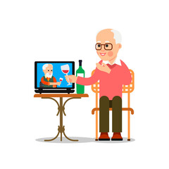 Online meeting old friends. People drink wine together in quarantine. Elderly man sitting in a chair in front of a laptop and sees a older friend on screen. Video chat. Flat isolated illustration