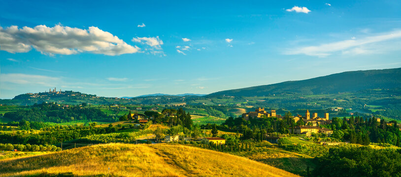 Certaldo Alto town and San Gimignano on background. Florence, Tuscany, Italy