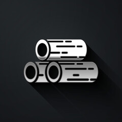 Silver Wooden logs icon isolated on black background. Stack of firewood. Long shadow style. Vector Illustration.
