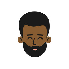 Vector isolated concept vith flat cartoon character. Head of yound adult african american man. Happy emotion on the face. Confident and handsome guy is smiling. He has bushy beard. Logo for barbershop