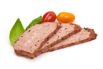 Traditional American meatloaf, isolated on white background