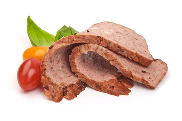 Sliced Baked meatloaf, minced meat roll, isolated on white background