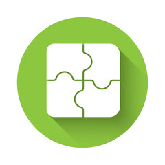 White Piece of puzzle icon isolated with long shadow. Business, marketing, finance, template, layout, infographics, internet concept. Green circle button. Vector Illustration.
