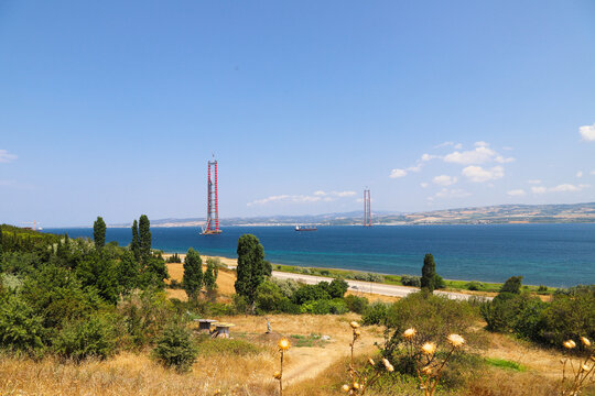 1915 Dardanelles Bridge or Canakkale Bridge construction in Turkey