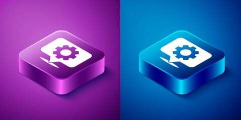 Isometric Location with gear icon isolated on blue and purple background. Square button. Vector Illustration.