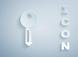 Paper cut House key icon isolated on grey background. Paper art style. Vector Illustration.