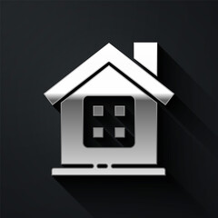 Silver House icon isolated on black background. Home symbol. Long shadow style. Vector Illustration.